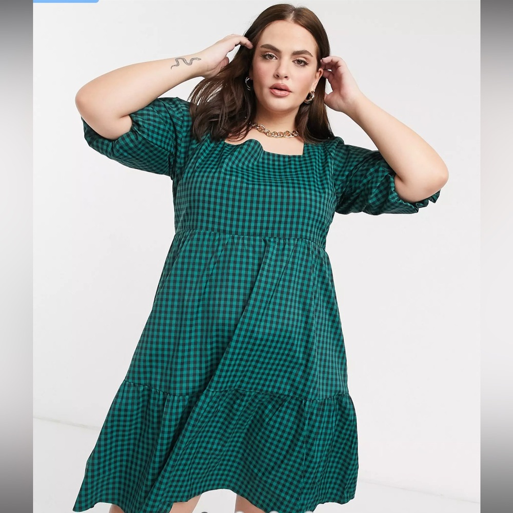 ASOS Green Gingham Dress with Puff Sleeves Size 16